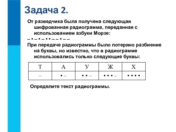 Задача 2. От разведчика была получена следующая шифрованная радиограмма, переданная с