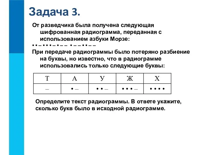 Задача 3. От разведчика была получена следующая шифрованная радиограмма, переданная с