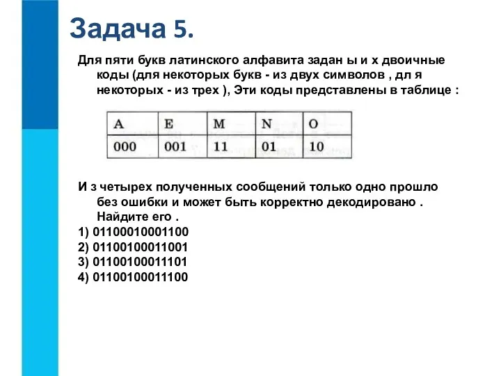 Задача 5. Для пяти букв латинского алфавита задан ы и х