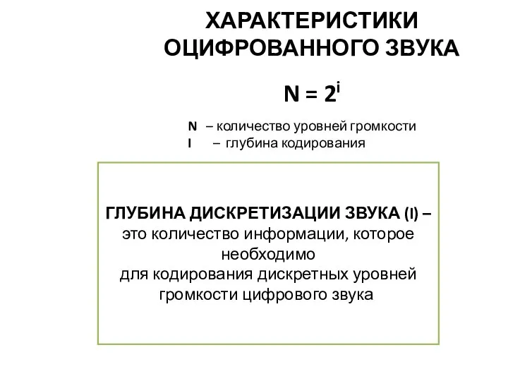 ХАРАКТЕРИСТИКИ ОЦИФРОВАННОГО ЗВУКА ГЛУБИНА ДИСКРЕТИЗАЦИИ ЗВУКА (I) – это количество информации,