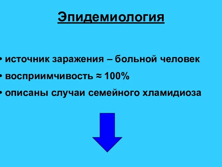 Эпидемиология источник заражения – больной человек восприимчивость ≈ 100% описаны случаи семейного хламидиоза