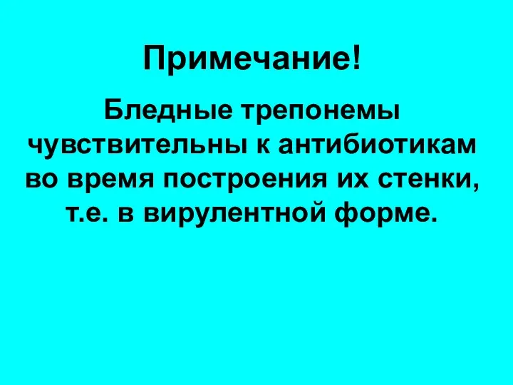 Примечание! Бледные трепонемы чувствительны к антибиотикам во время построения их стенки, т.е. в вирулентной форме.