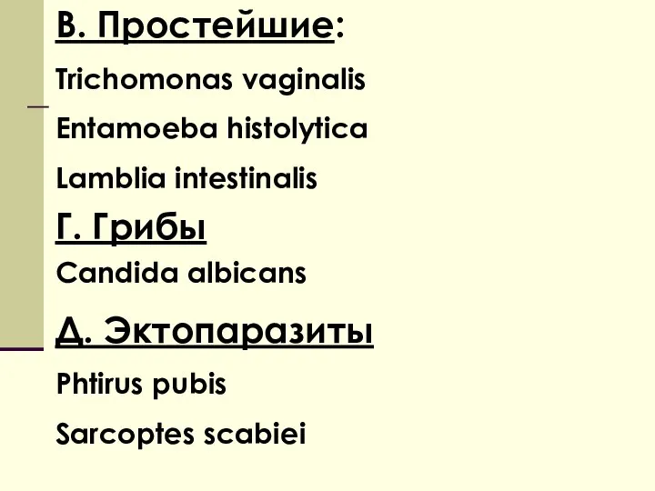 В. Простейшие: Trichomonas vaginalis Entamoeba histolytica Lamblia intestinalis Г. Грибы Candida