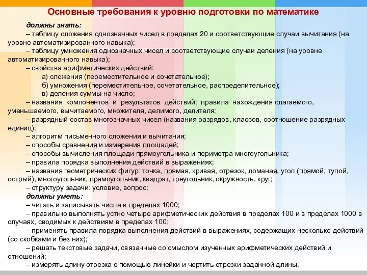 должны знать: – таблицу сложения однозначных чисел в пределах 20 и