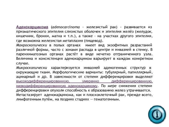 Аденокарцинома (adenocarcinoma - железистый рак) - развивается из призматического эпителия слизистых