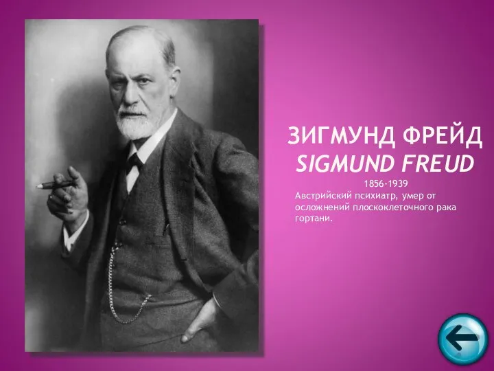 1856-1939 Австрийский психиатр, умер от осложнений плоскоклеточного рака гортани. ЗИГМУНД ФРЕЙД SIGMUND FREUD