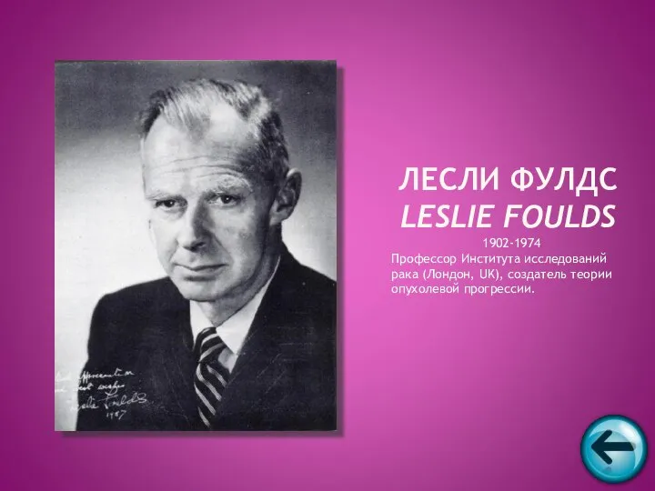 1902-1974 Профессор Института исследований рака (Лондон, UK), создатель теории опухолевой прогрессии. ЛЕСЛИ ФУЛДС LESLIE FOULDS