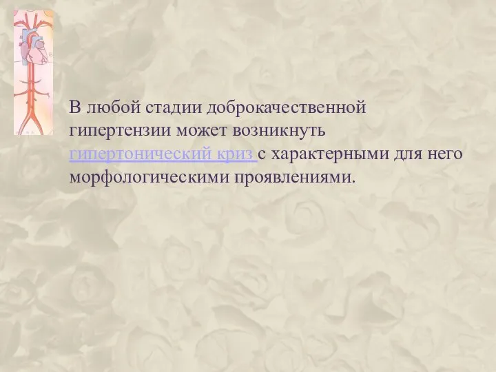 В любой стадии доброкачественной гипертензии может возникнуть гипертонический криз с характерными для него морфологическими проявлениями.