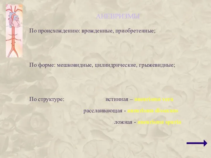 АНЕВРИЗМЫ По происхождению: врожденные, приобретенные; По форме: мешковидные, цилиндрические, грыжевидные; По