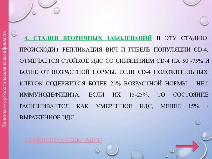 4. СТАДИЯ ВТОРИЧНЫХ ЗАБОЛЕВАНИЙ В ЭТУ СТАДИЮ ПРОИСХОДИТ РЕПЛИКАЦИЯ ВИЧ И