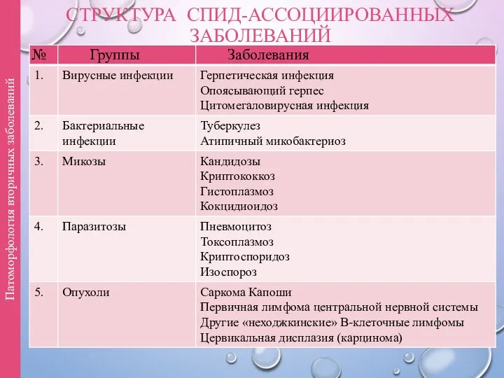 СТРУКТУРА СПИД-АССОЦИИРОВАННЫХ ЗАБОЛЕВАНИЙ Патоморфология вторичных заболеваний