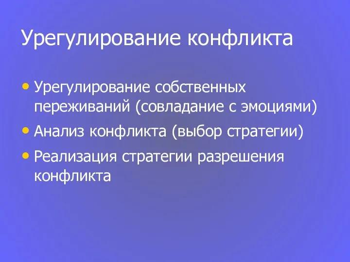 Урегулирование конфликта Урегулирование собственных переживаний (совладание с эмоциями) Анализ конфликта (выбор стратегии) Реализация стратегии разрешения конфликта