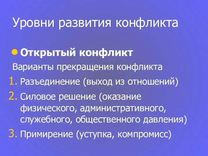 Уровни развития конфликта Открытый конфликт Варианты прекращения конфликта Разъединение (выход из