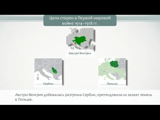 Австро-Венгрия добивалась разгрома Сербии, претендовала на захват земель в Польше. Цели