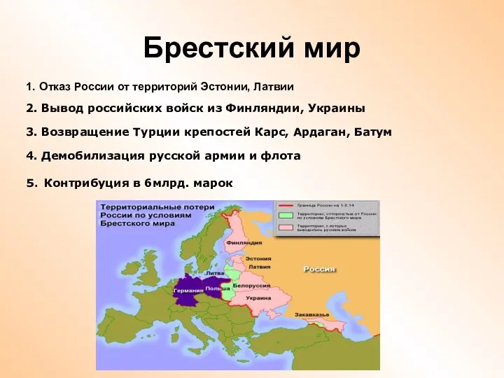 Брестский мир 1. Отказ России от территорий Эстонии, Латвии 2. Вывод