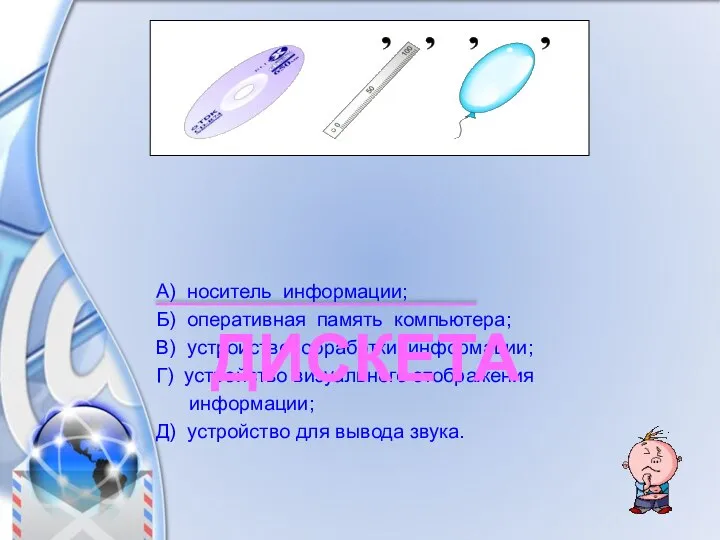 А) носитель информации; Б) оперативная память компьютера; В) устройство обработки информации;