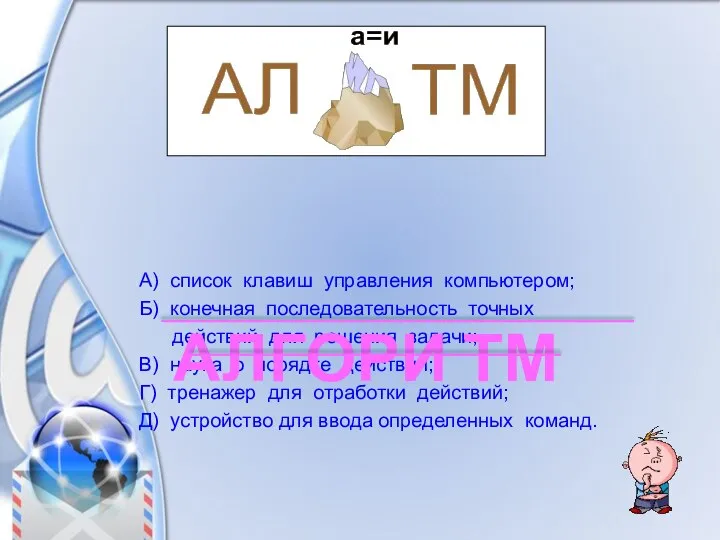 А) список клавиш управления компьютером; Б) конечная последовательность точных действий для