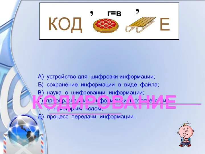 А) устройство для шифровки информации; Б) сохранение информации в виде файла;