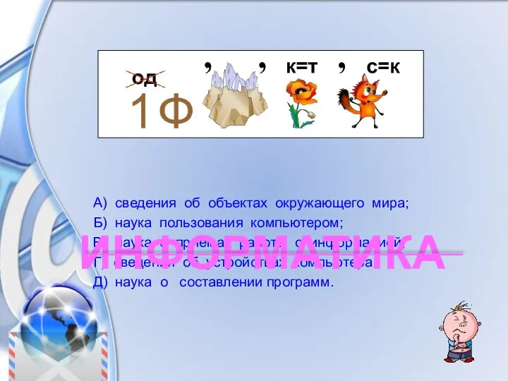 А) сведения об объектах окружающего мира; Б) наука пользования компьютером; В)