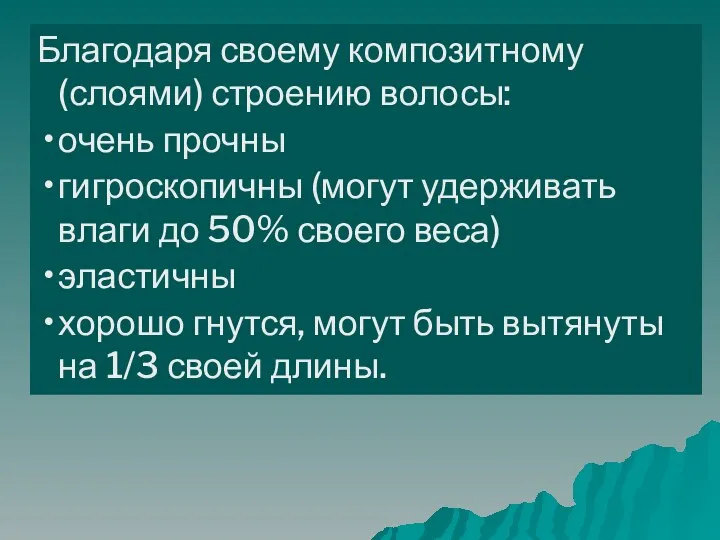 Благодаря своему композитному (слоями) строению волосы: очень прочны гигроскопичны (могут удерживать