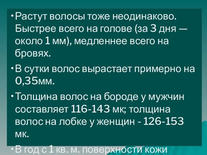 Растут волосы тоже неодинаково. Быстрее всего на голове (за 3 дня