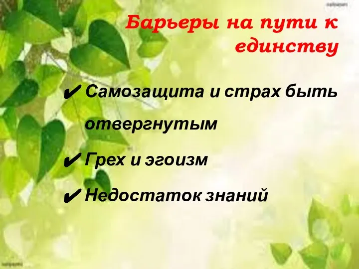 Барьеры на пути к единству Самозащита и страх быть отвергнутым Грех и эгоизм Недостаток знаний