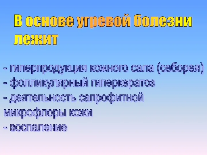 В основе угревой болезни лежит - гиперпродукция кожного сала (себорея) -