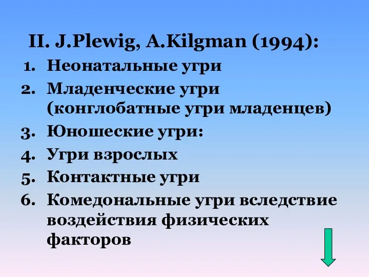 II. J.Plewig, A.Kilgman (1994): Неонатальные угри Младенческие угри (конглобатные угри младенцев)