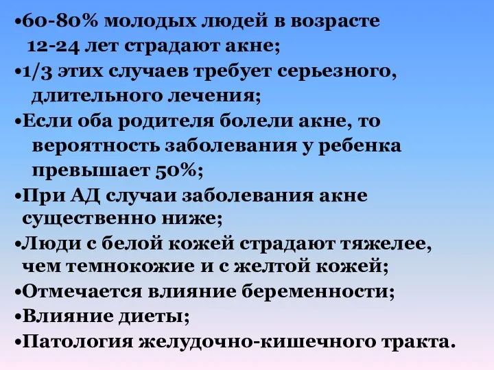 60-80% молодых людей в возрасте 12-24 лет страдают акне; 1/3 этих