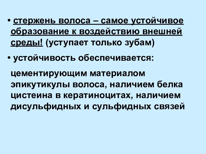 стержень волоса – самое устойчивое образование к воздействию внешней среды! (уступает