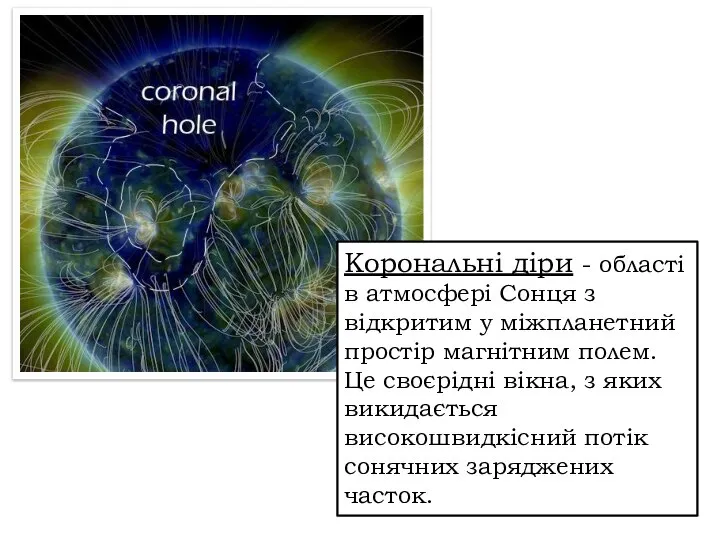 Корональні діри - області в атмосфері Сонця з відкритим у міжпланетний