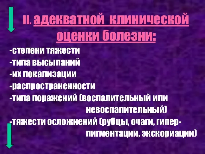 II. адекватной клинической оценки болезни: степени тяжести типа высыпаний их локализации