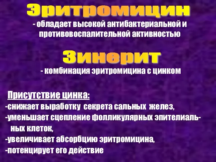 Эритромицин - обладает высокой антибактериальной и противовоспалительной активностью Зинерит - комбинация