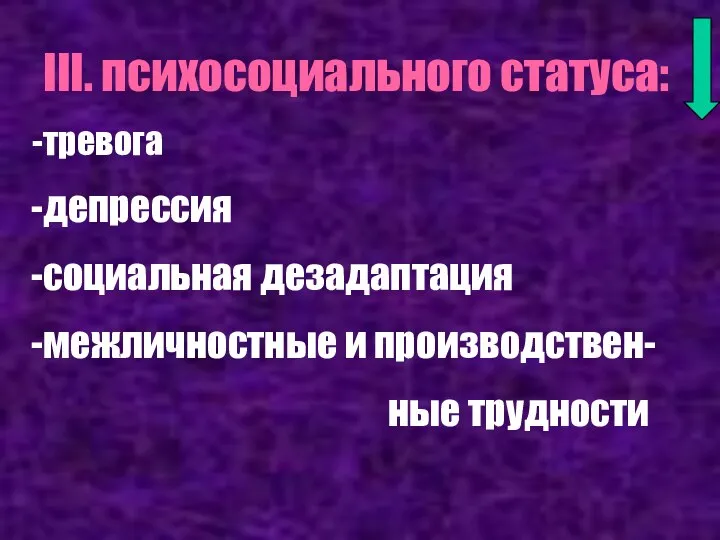 III. психосоциального статуса: тревога депрессия социальная дезадаптация межличностные и производствен- ные трудности