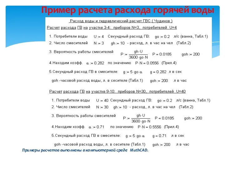 Примеры расчетов выполнены в компьютерной среде MathCAD. Пример расчета расхода горячей воды