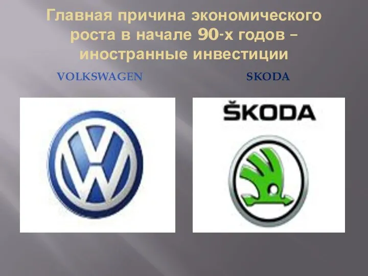 Главная причина экономического роста в начале 90-х годов – иностранные инвестиции VOLKSWAGEN SKODA