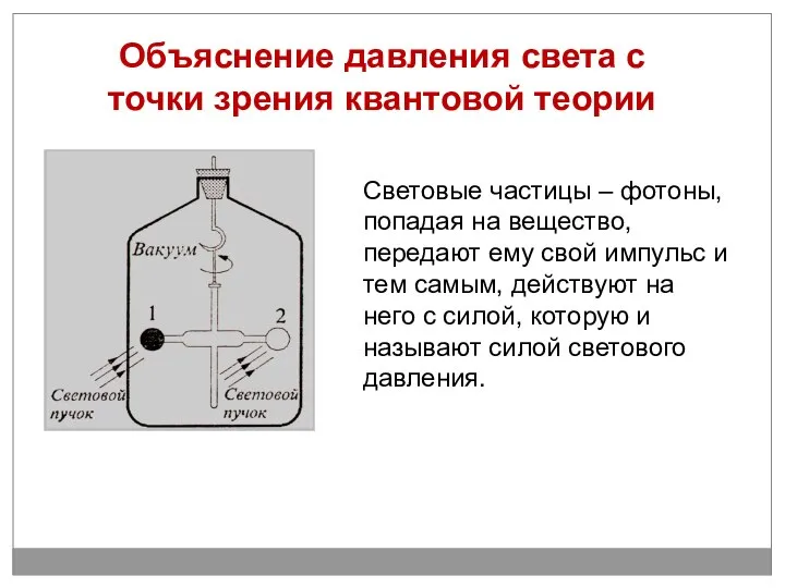 Объяснение давления света с точки зрения квантовой теории Световые частицы –