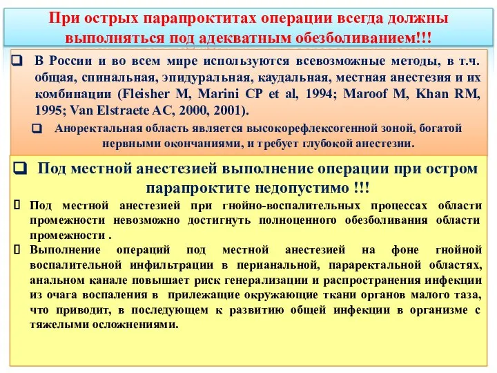 При острых парапроктитах операции всегда должны выполняться под адекватным обезболиванием!!! В