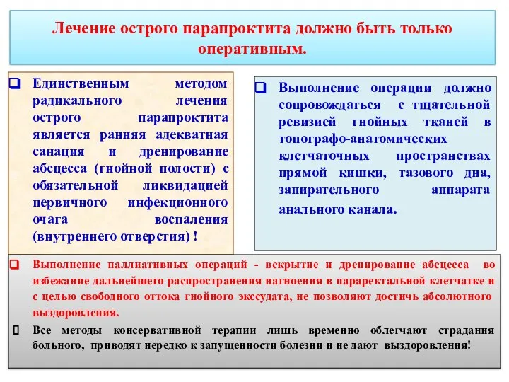 Лечение острого парапроктита должно быть только оперативным. Единственным методом радикального лечения