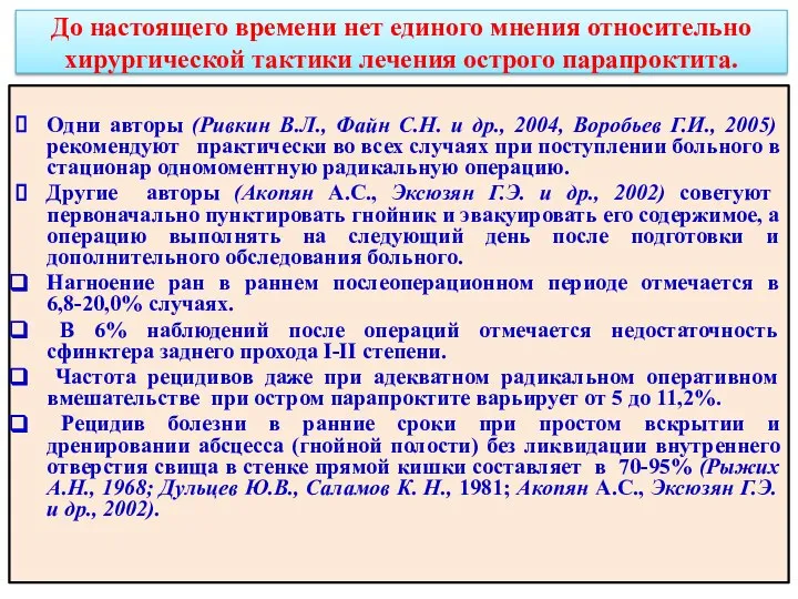 До настоящего времени нет единого мнения относительно хирургической тактики лечения острого