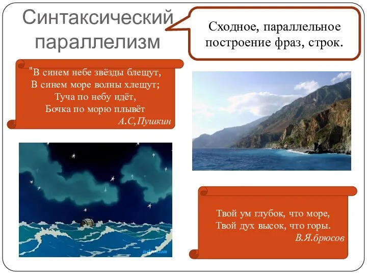 Синтаксический параллелизм Сходное, параллельное построение фраз, строк. "В синем небе звёзды