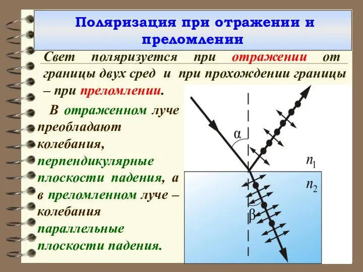 Поляризация при отражении и преломлении Свет поляризуется при отражении от границы