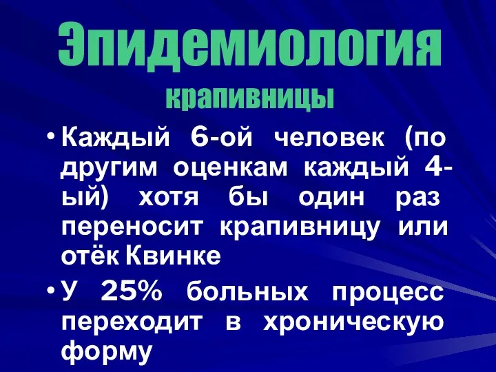 Эпидемиология крапивницы Каждый 6-ой человек (по другим оценкам каждый 4-ый) хотя