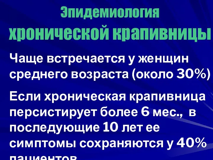 Эпидемиология хронической крапивницы Чаще встречается у женщин среднего возраста (около 30%)