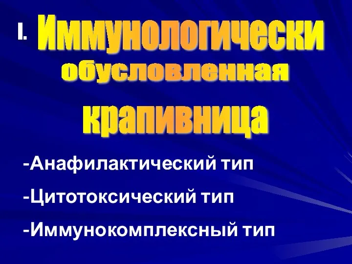 Иммунологически обусловленная крапивница Анафилактический тип Цитотоксический тип Иммунокомплексный тип I.