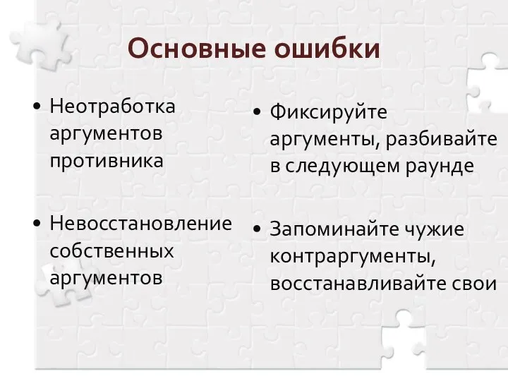 Основные ошибки Неотработка аргументов противника Невосстановление собственных аргументов Фиксируйте аргументы, разбивайте