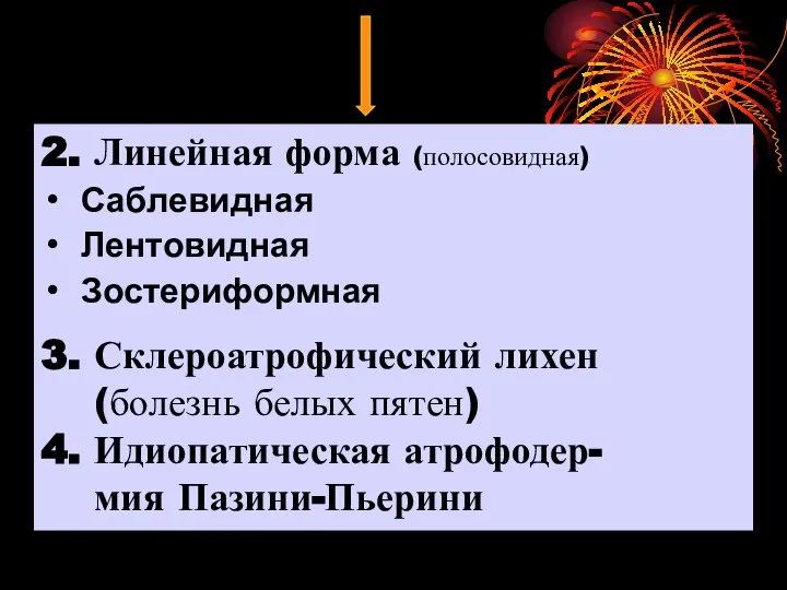 2. Линейная форма (полосовидная) Саблевидная Лентовидная Зостериформная 3. Склероатрофический лихен (болезнь