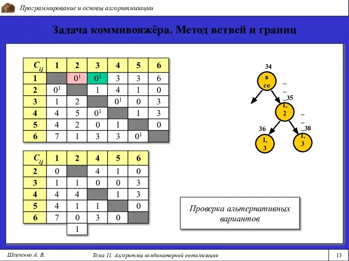 Программирование и основы алгоритмизации Тема 11. Алгоритмы комбинаторной оптимизации 13 Шевченко