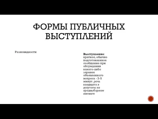 ФОРМЫ ПУБЛИЧНЫХ ВЫСТУПЛЕНИЙ Разновидности Выступление: краткое, обычно подготовленное сообщение при обсуждении