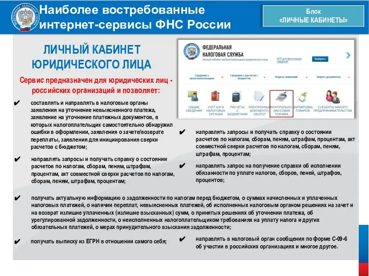 Наиболее востребованные интернет-сервисы ФНС России Блок «ЛИЧНЫЕ КАБИНЕТЫ» ЛИЧНЫЙ КАБИНЕТ ЮРИДИЧЕСКОГО